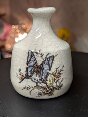 Treasure Craft crackle Mini Bud vase featuring a butterfly and wildflowers